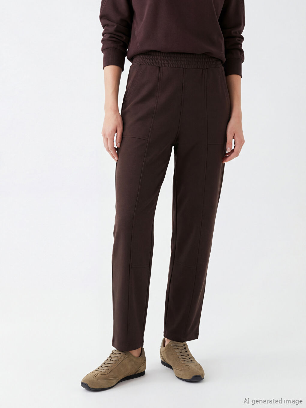 Kahverengi Beli Lastikli Soft Touch Kadın Eşofman Altı-1