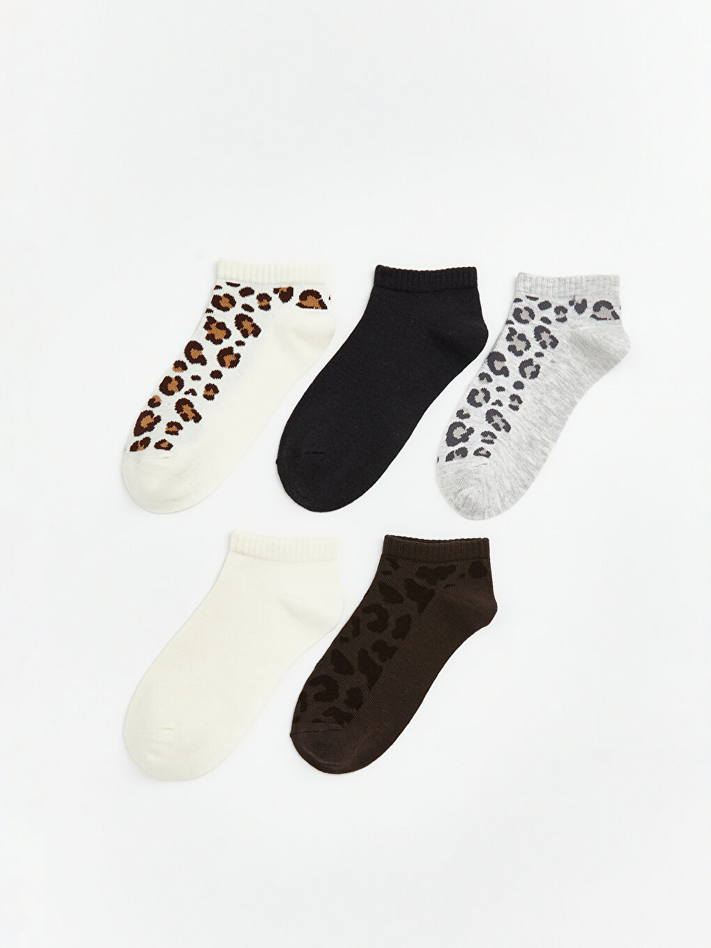 Bej Leopar Desenli Kadın Patik Çorap 5'li