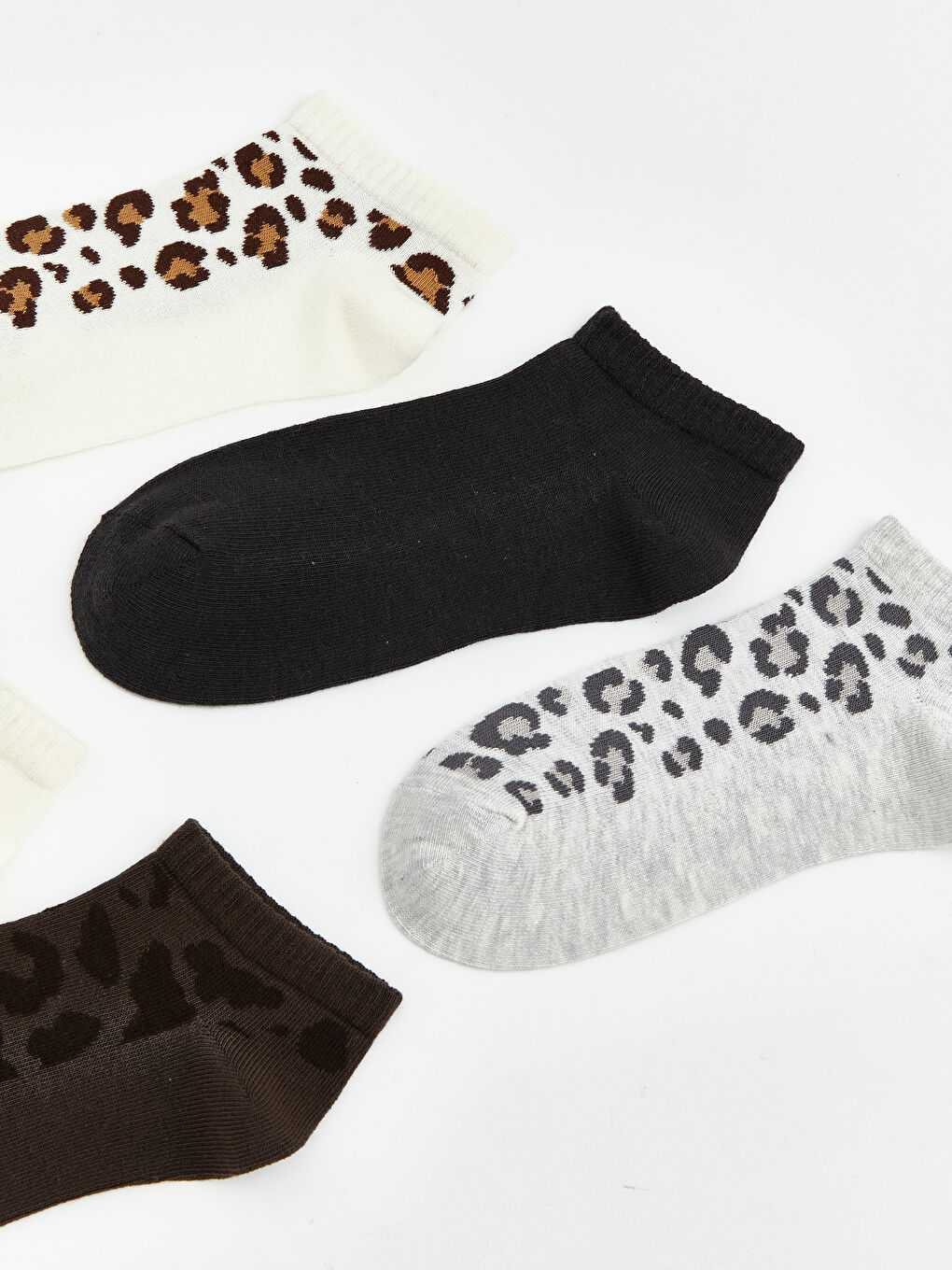 Bej Leopar Desenli Kadın Patik Çorap 5'li-1
