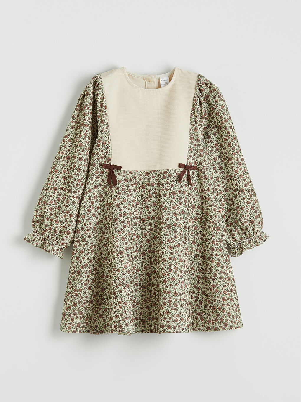 Ekru Bisiklet Yaka Çiçekli Kadife Kız Çocuk Elbise