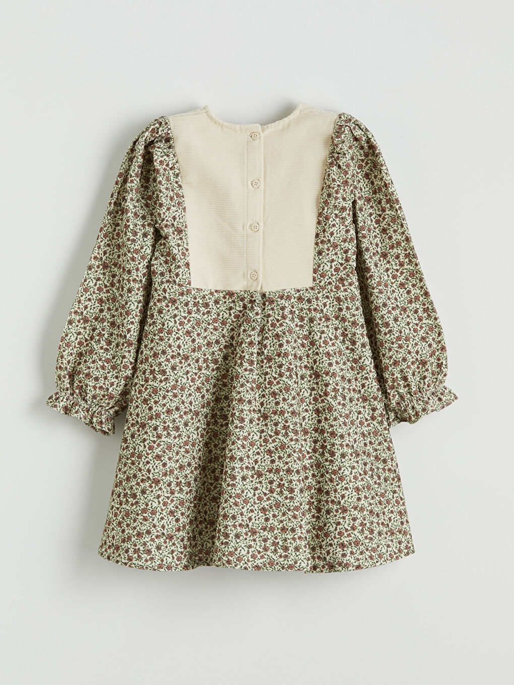 Ekru Bisiklet Yaka Çiçekli Kadife Kız Çocuk Elbise-1