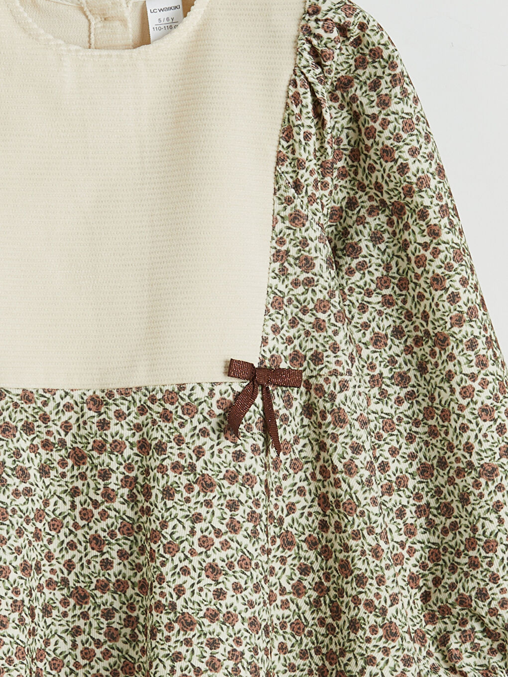 Ekru Bisiklet Yaka Çiçekli Kadife Kız Çocuk Elbise-2