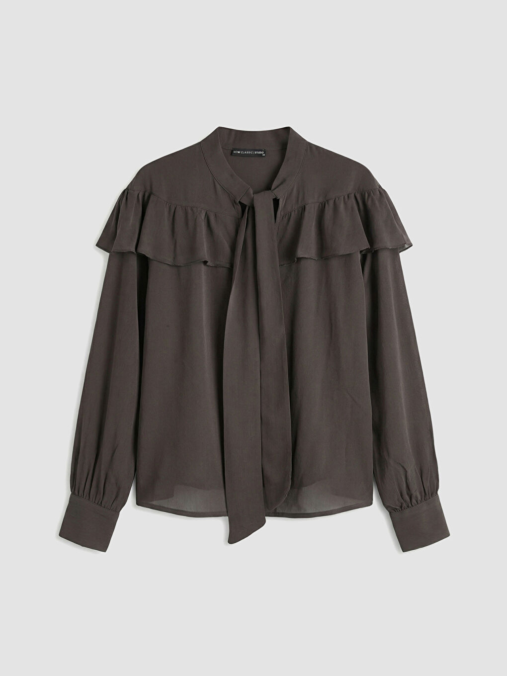 Kahverengi Fular Yaka Fırfırlı Oversize Bluz-4