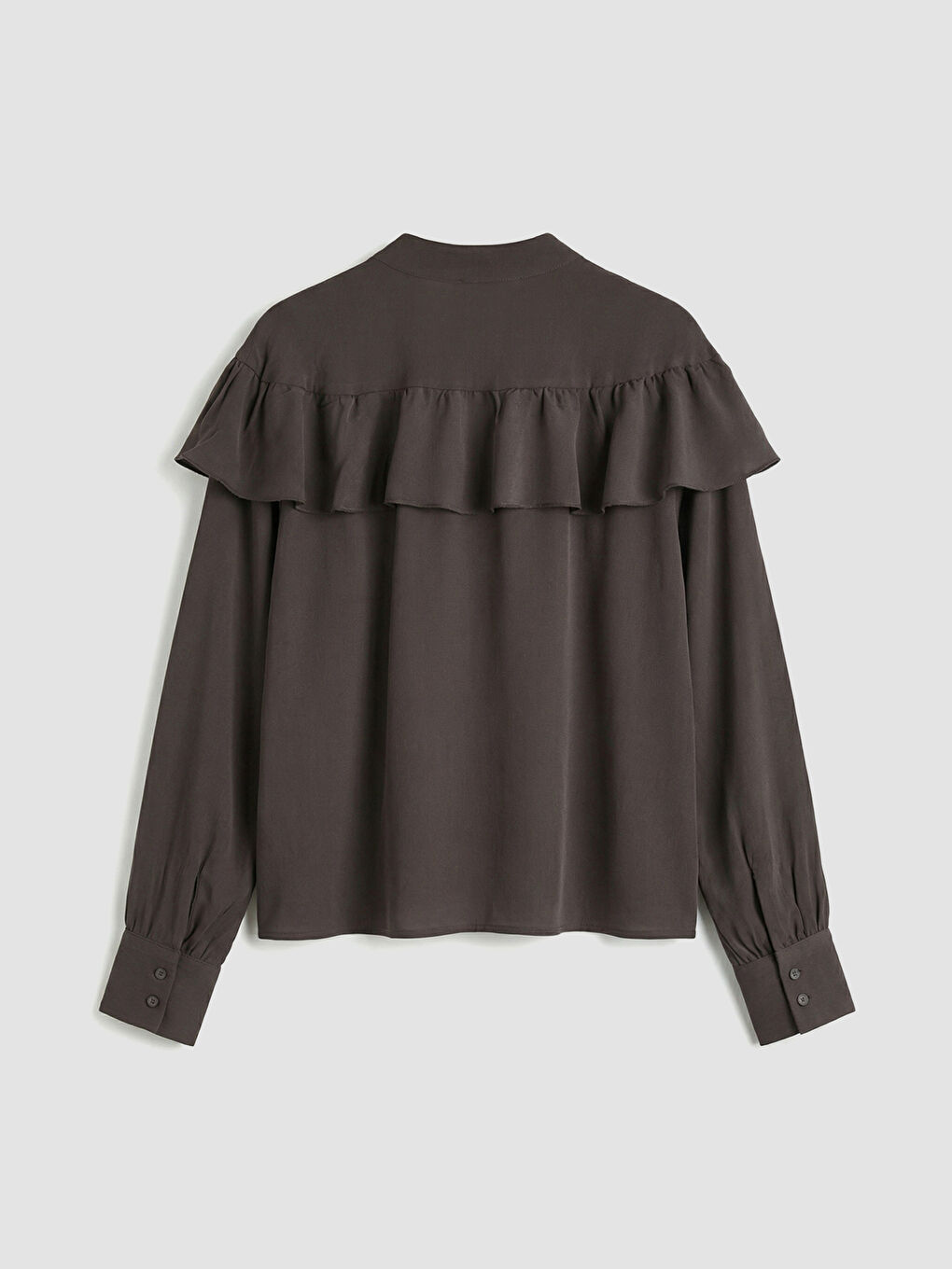 Kahverengi Fular Yaka Fırfırlı Oversize Bluz-5