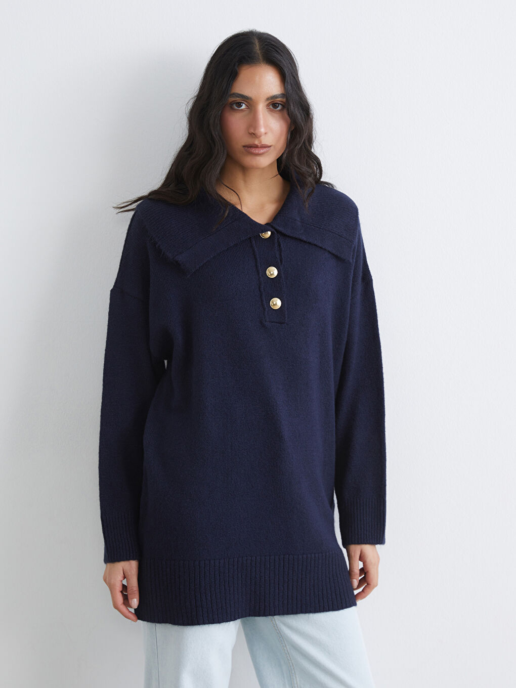 Lacivert Polo Yaka Kadın Triko Kazak