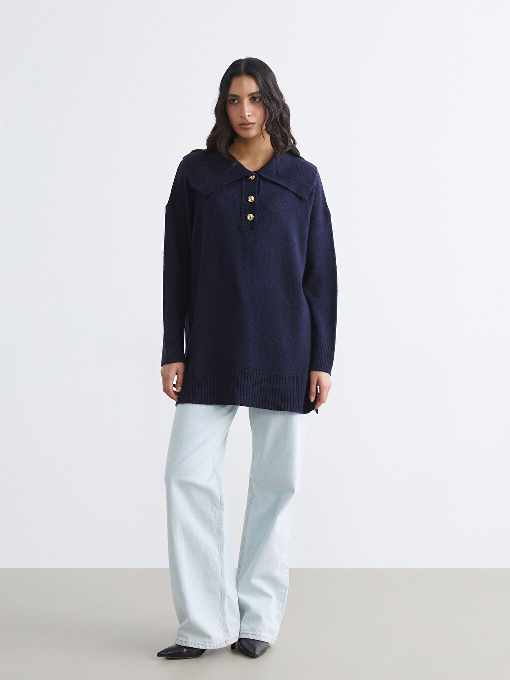 Lacivert Polo Yaka Kadın Triko Kazak-1