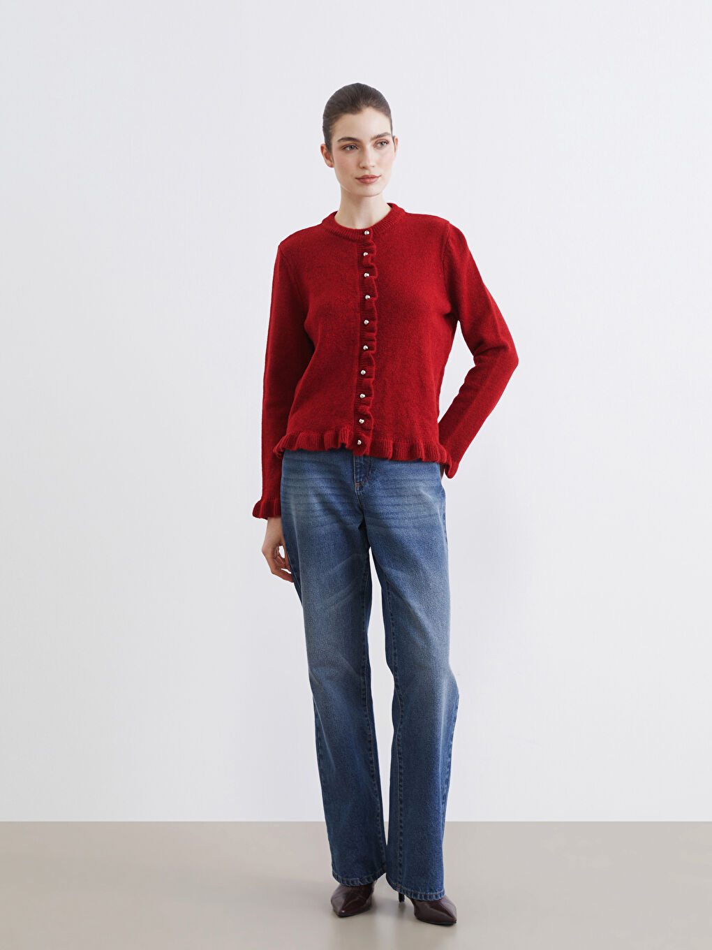 Kırmızı Bisiklet Yaka Fırfırlı Kadın Triko Hırka-1