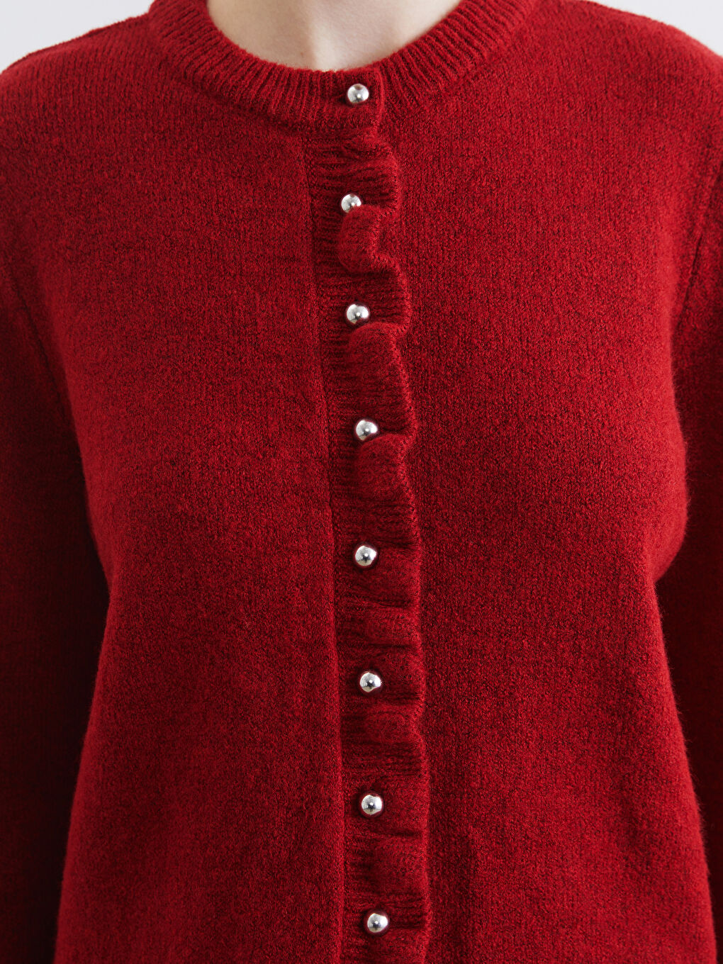 Kırmızı Bisiklet Yaka Fırfırlı Kadın Triko Hırka-2