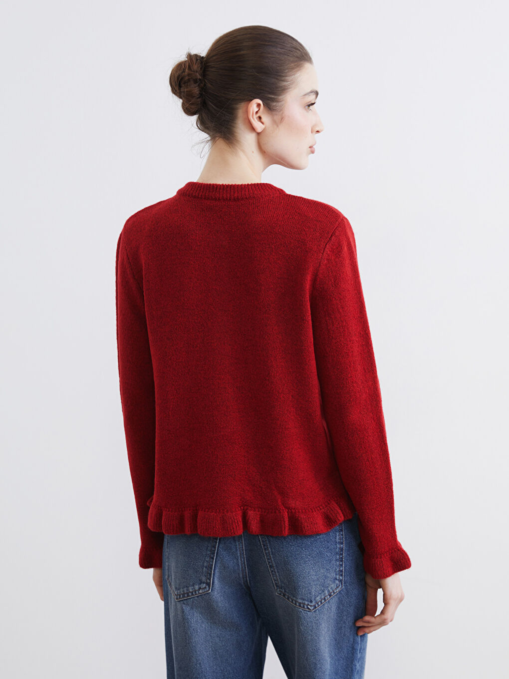 Kırmızı Bisiklet Yaka Fırfırlı Kadın Triko Hırka-3