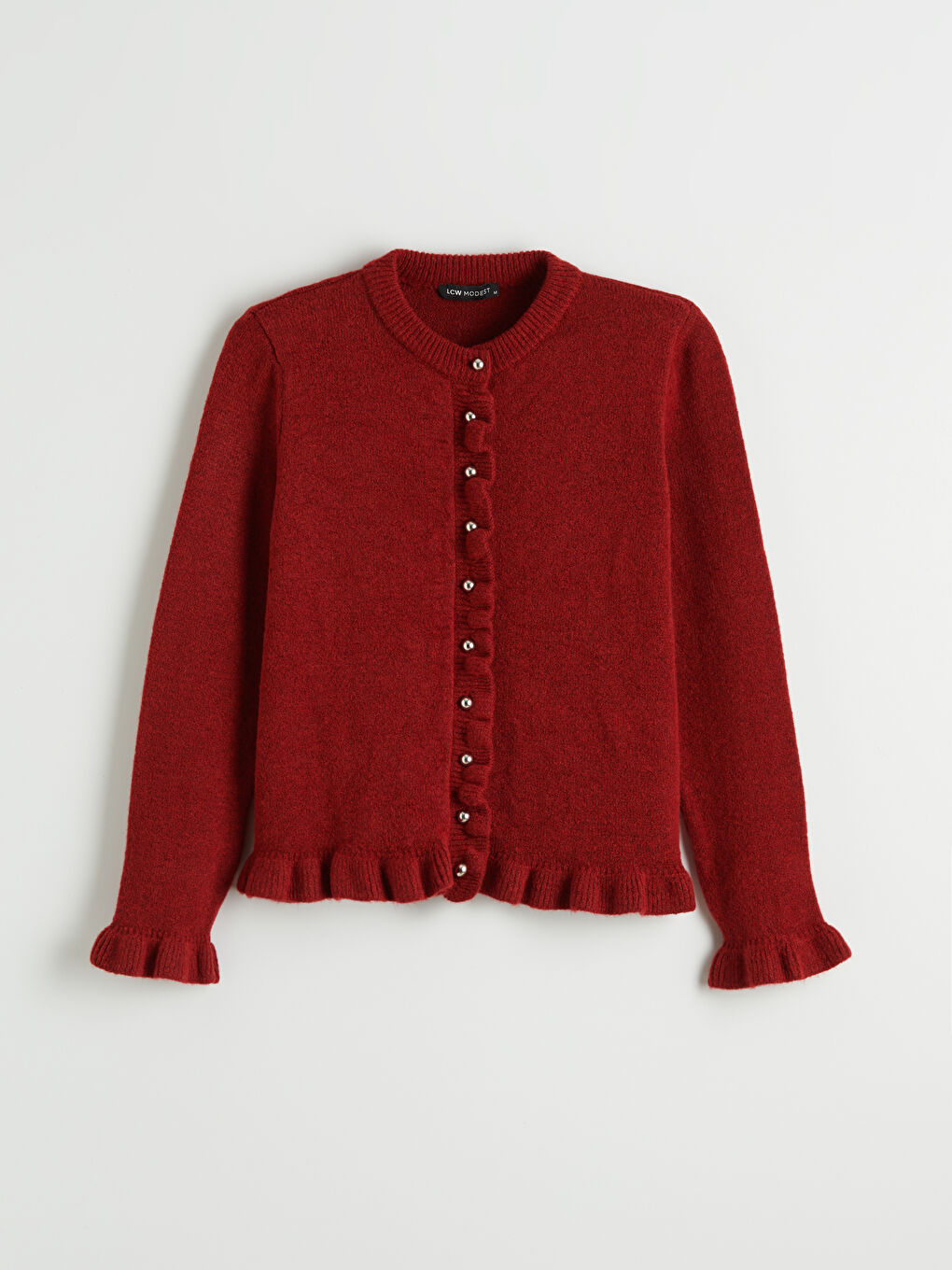 Kırmızı Bisiklet Yaka Fırfırlı Kadın Triko Hırka-4