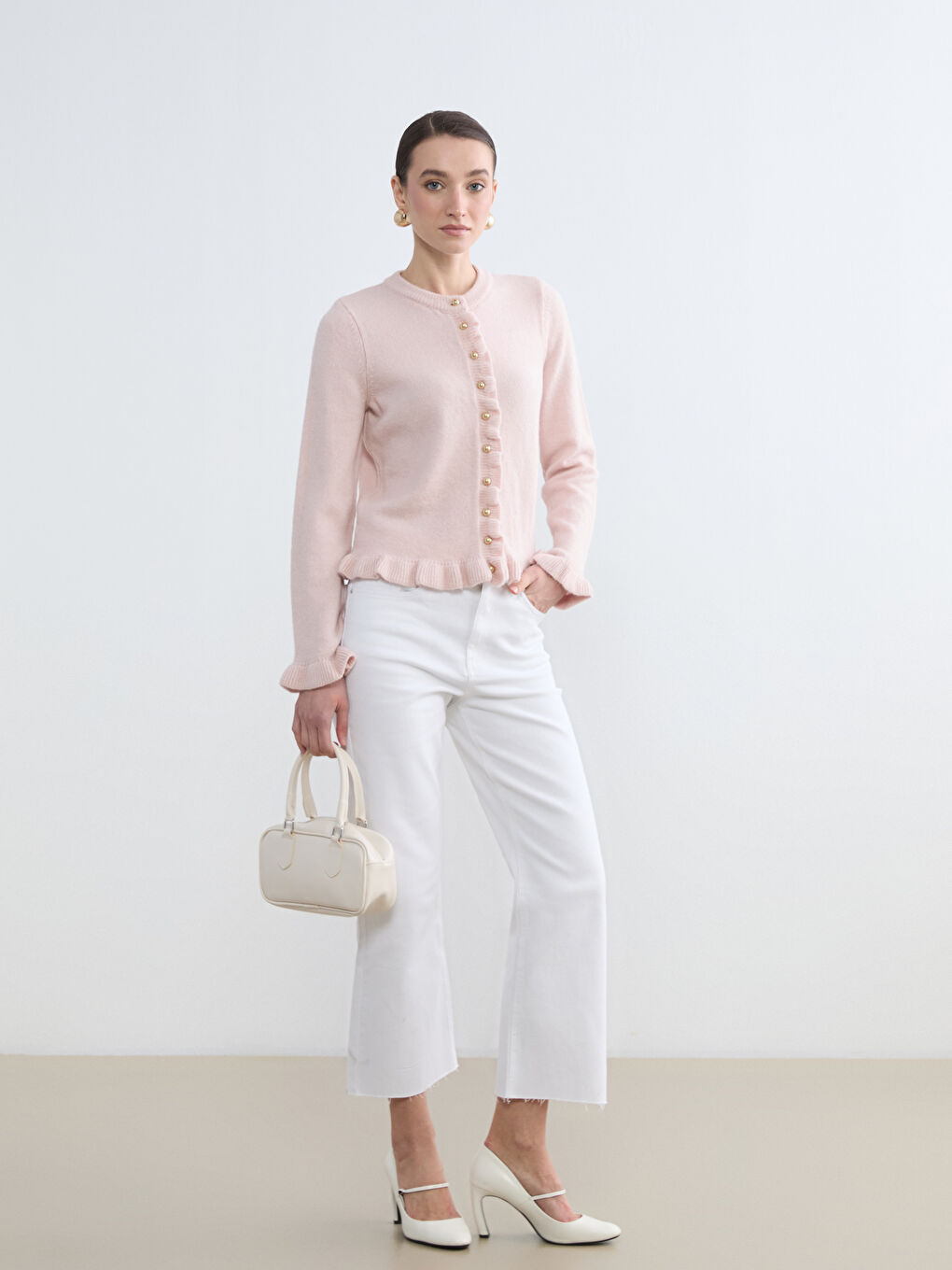 Women's Ruffle Trim Knit Cardigan with a Crew Neck-1