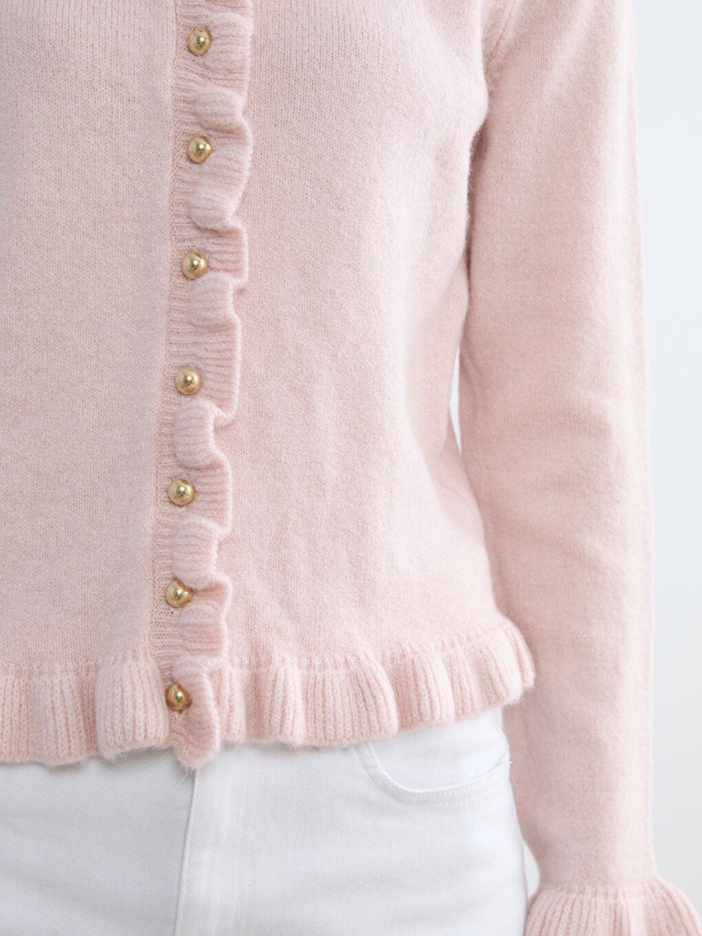 Women's Ruffle Trim Knit Cardigan with a Crew Neck-2