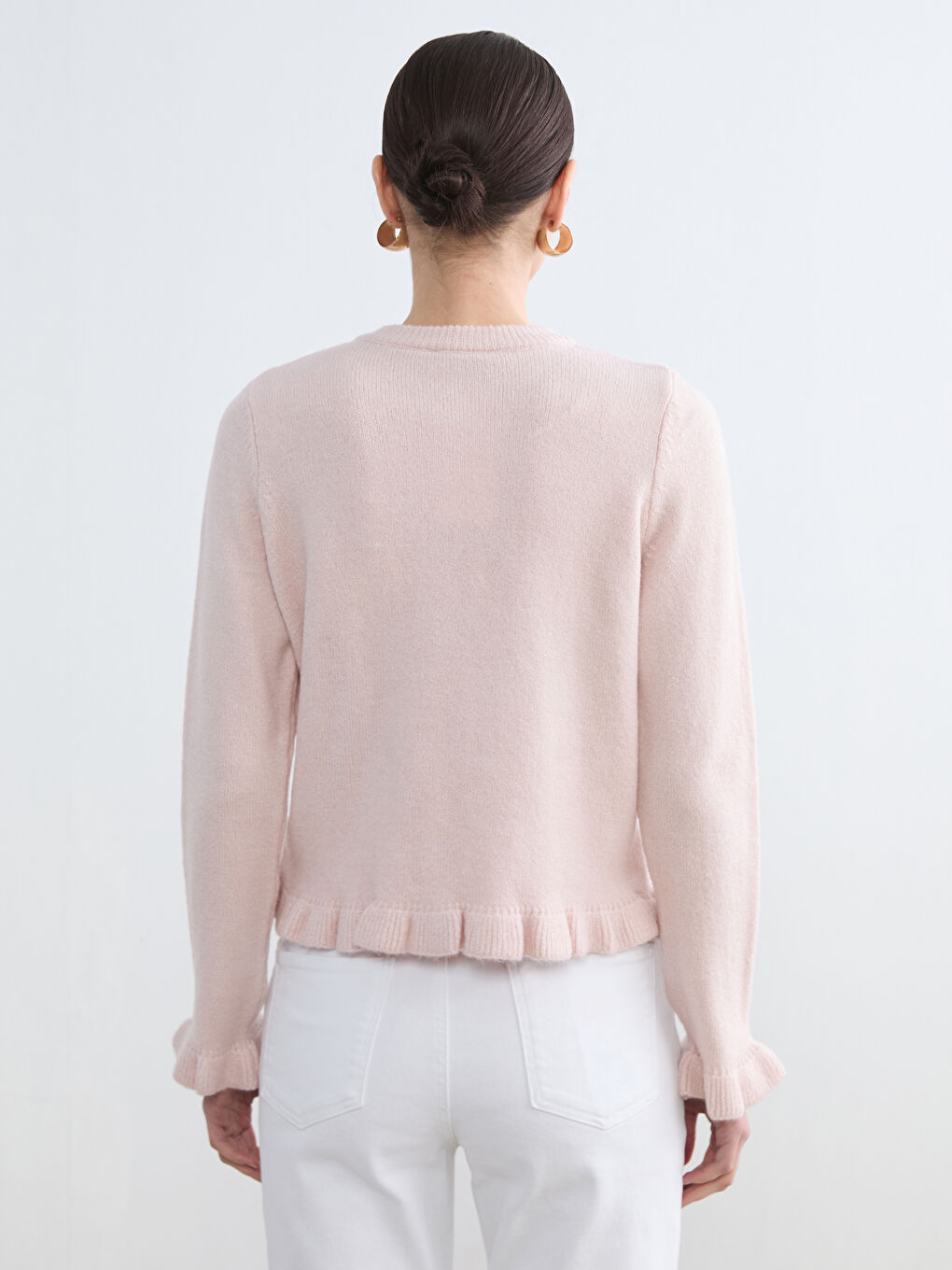 Women's Ruffle Trim Knit Cardigan with a Crew Neck-3