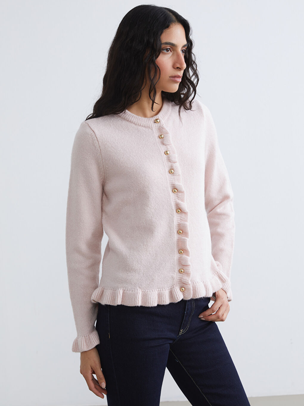 Lacivert Bisiklet Yaka Fırfırlı Kadın Triko Hırka