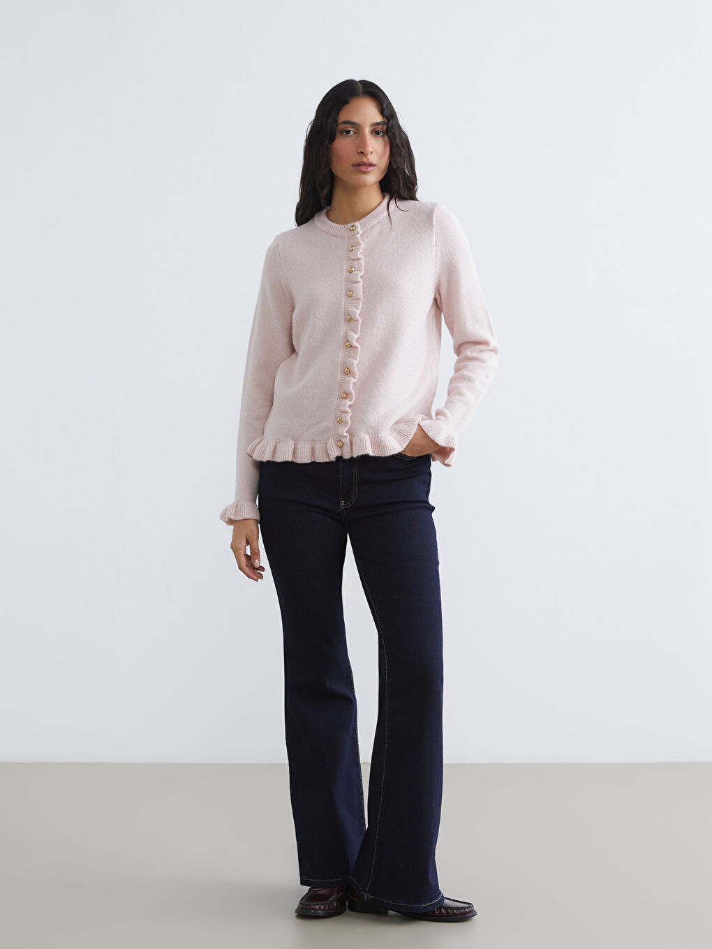 Lacivert Bisiklet Yaka Fırfırlı Kadın Triko Hırka-1