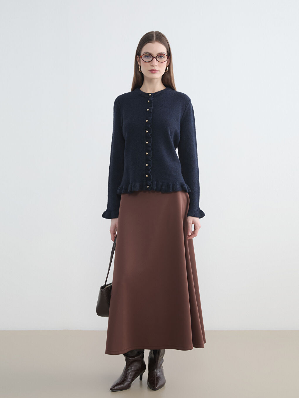 Lacivert Bisiklet Yaka Fırfırlı Kadın Triko Hırka-1