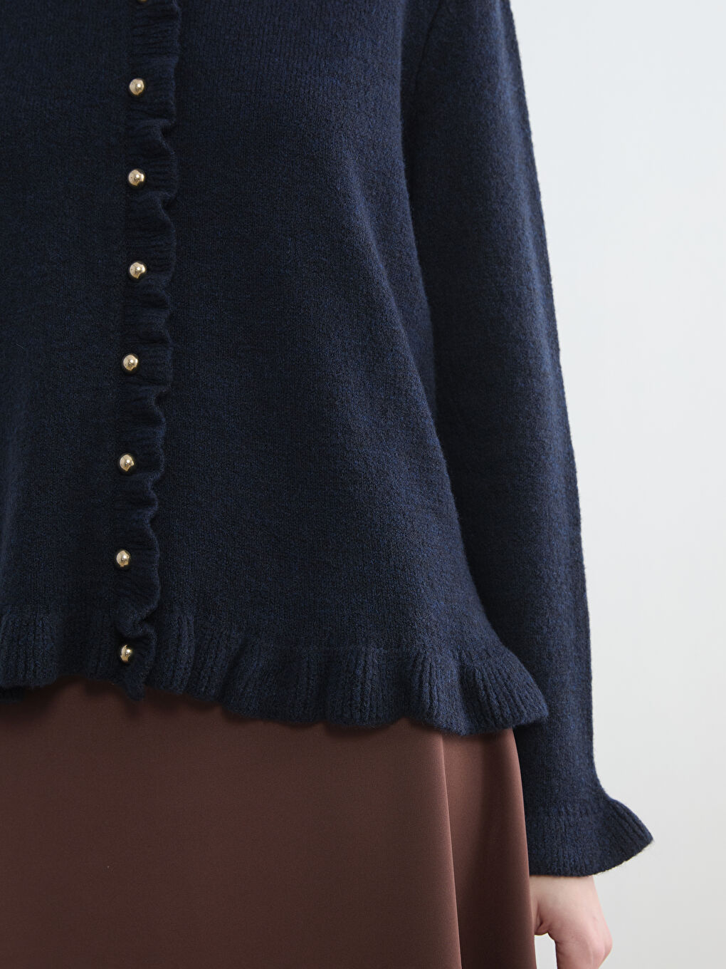 Lacivert Bisiklet Yaka Fırfırlı Kadın Triko Hırka-2