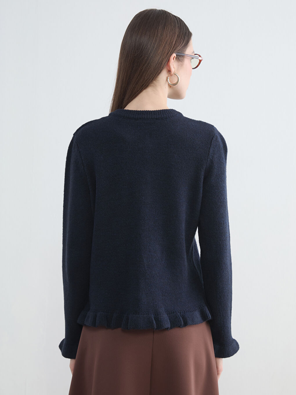 Lacivert Bisiklet Yaka Fırfırlı Kadın Triko Hırka-3