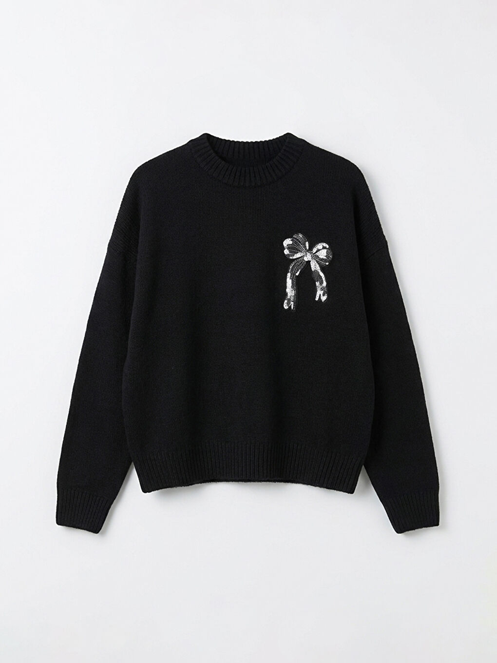 Siyah Bisiklet Yaka Fiyonk İşlemeli Kadın Triko Kazak