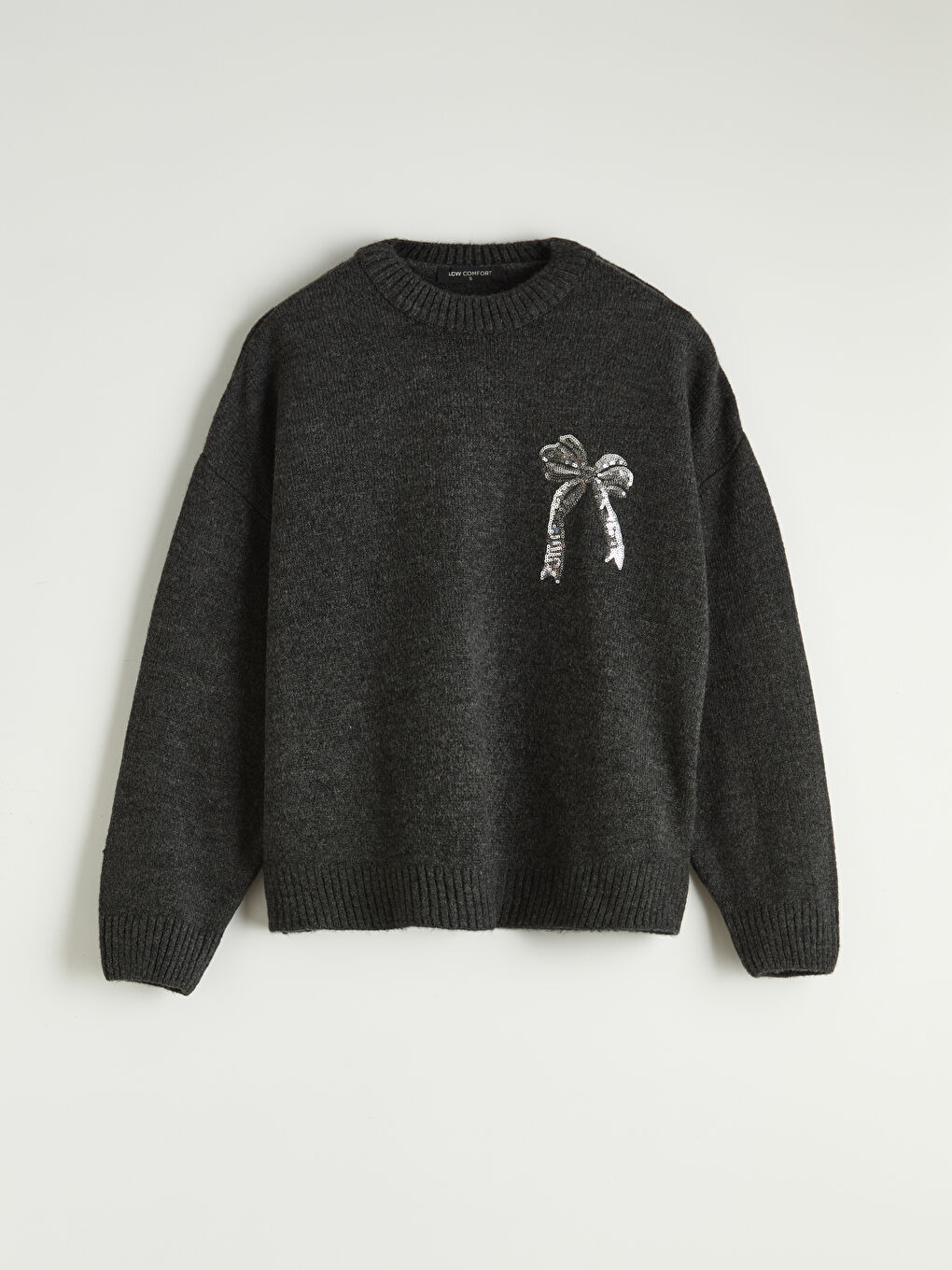 Antrasit Bisiklet Yaka Fiyonk Nakışlı Kadın Triko Kazak