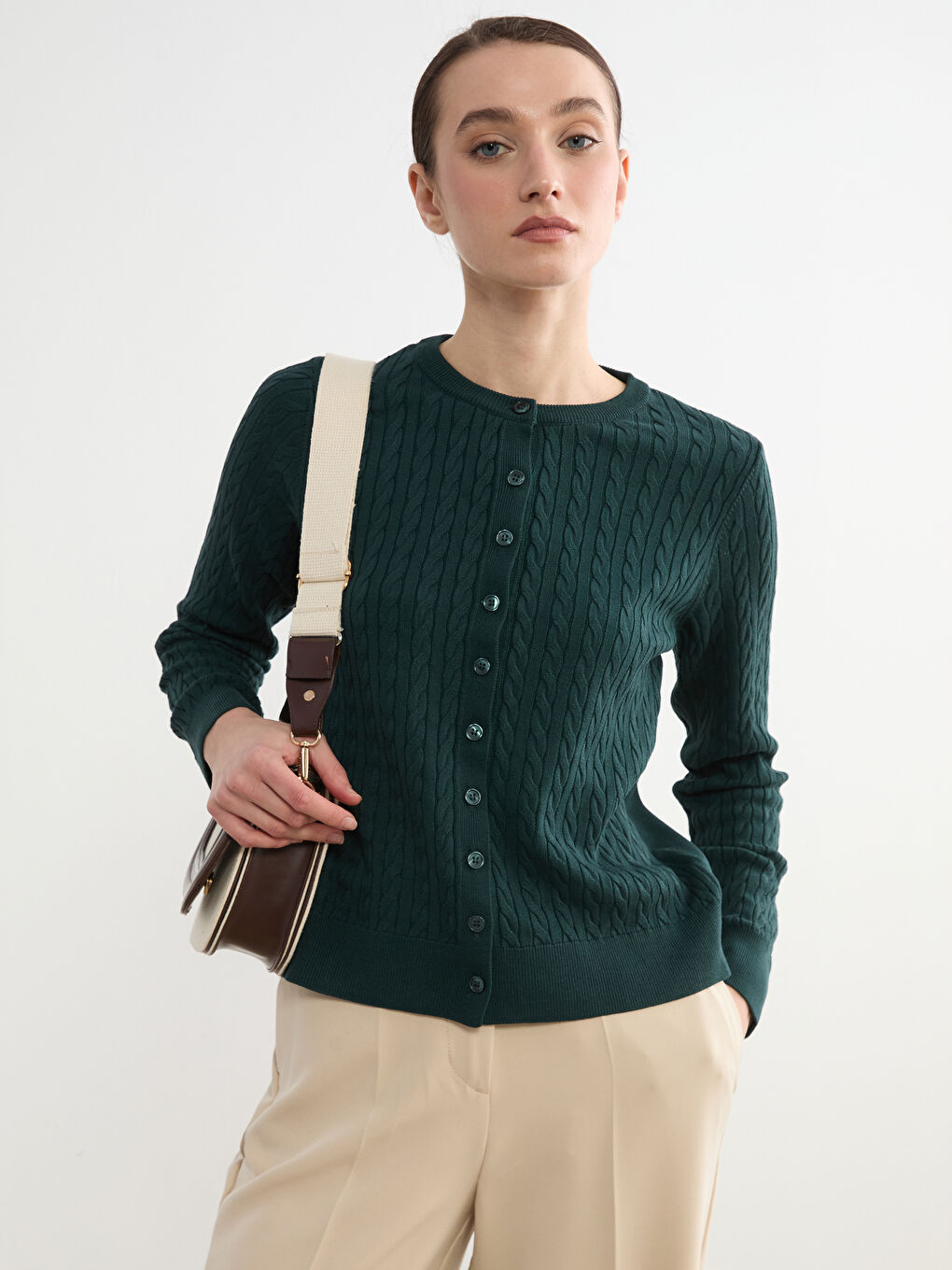 Crew Neck Patterned Women's Knitted Cardigan