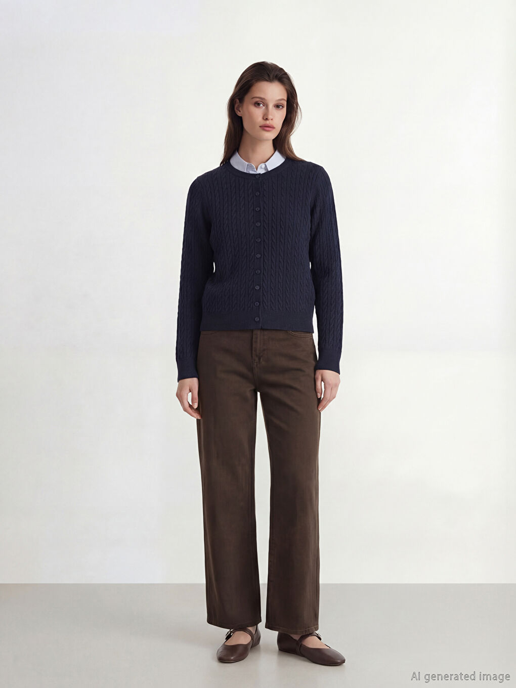 Lacivert Bisiklet Yaka Kendinden Desenli Kadın Triko Hırka