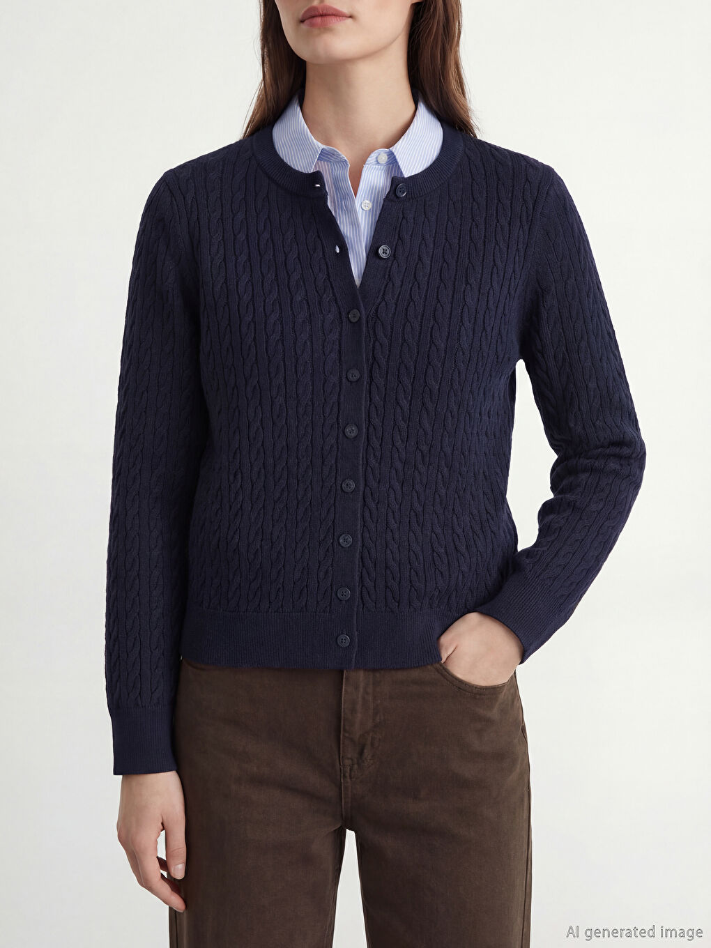 Lacivert Bisiklet Yaka Kendinden Desenli Kadın Triko Hırka-1