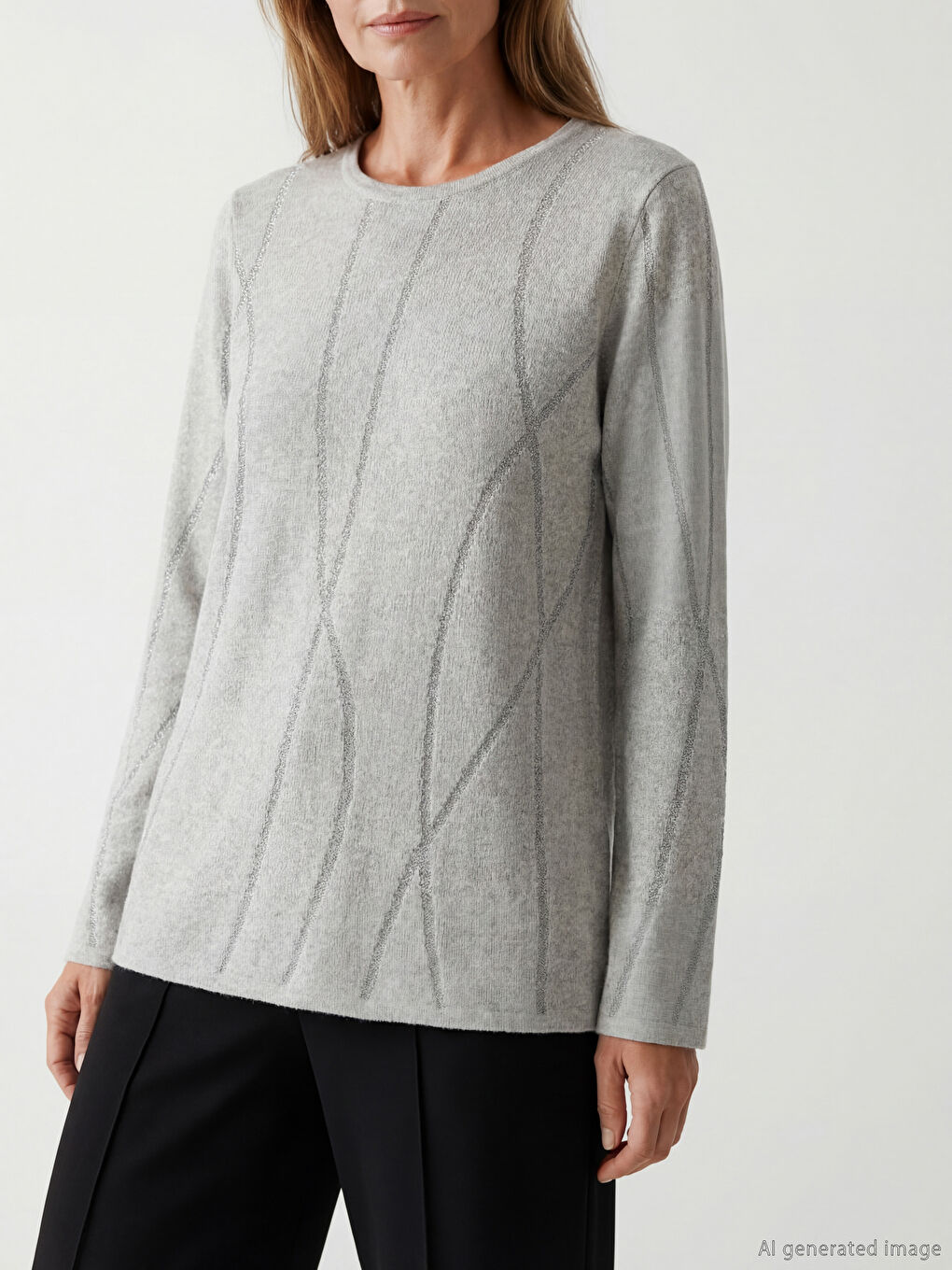 Πλεκτή Γυναικεία Μπλούζα με Σχέδιο και Στρογγυλή Λαιμόκοψη-2