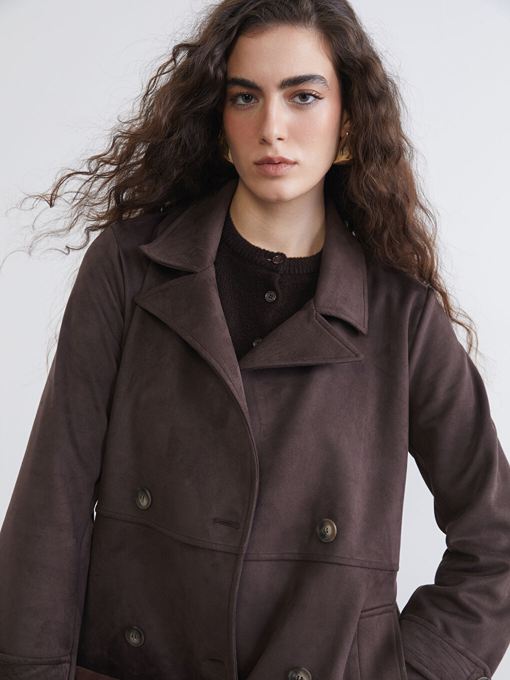 Kahverengi Kruvaze Yaka Oversize Kadın Trençkot-2