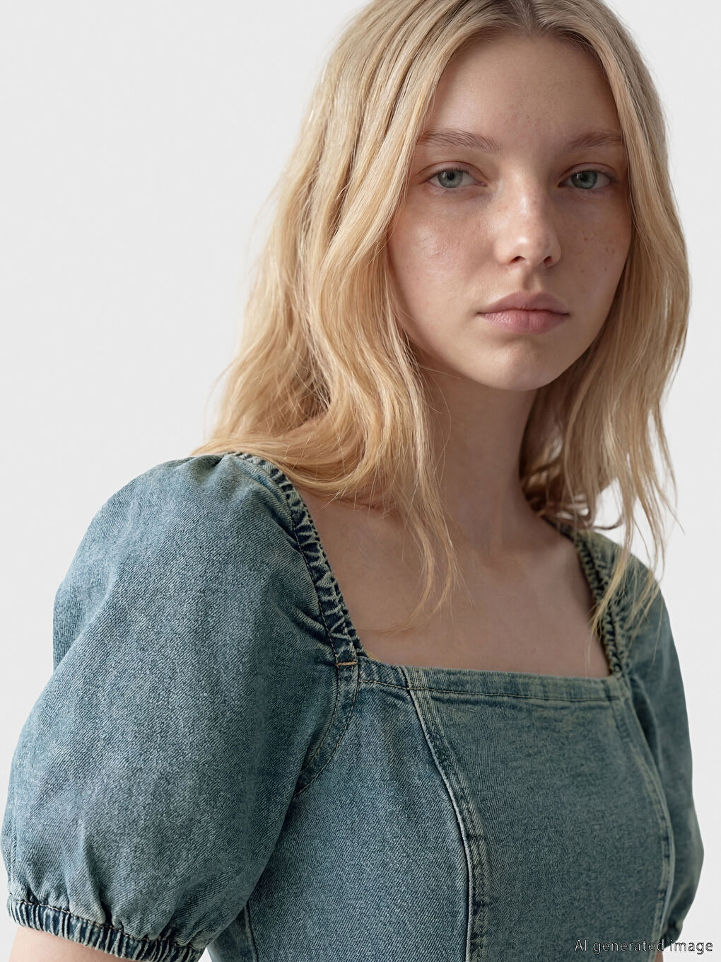 Kare Yaka Mini Jean Elbise-1