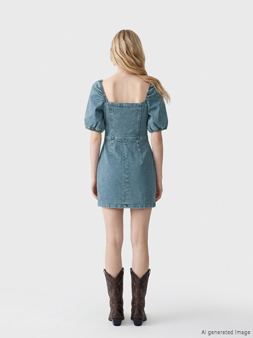 Kare Yaka Mini Jean Elbise-2