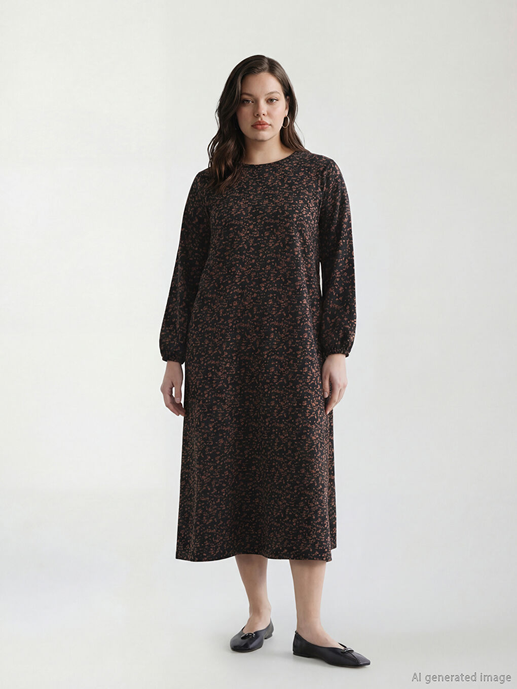 Kahverengi Bisiklet Yaka Desenli Elbise-1