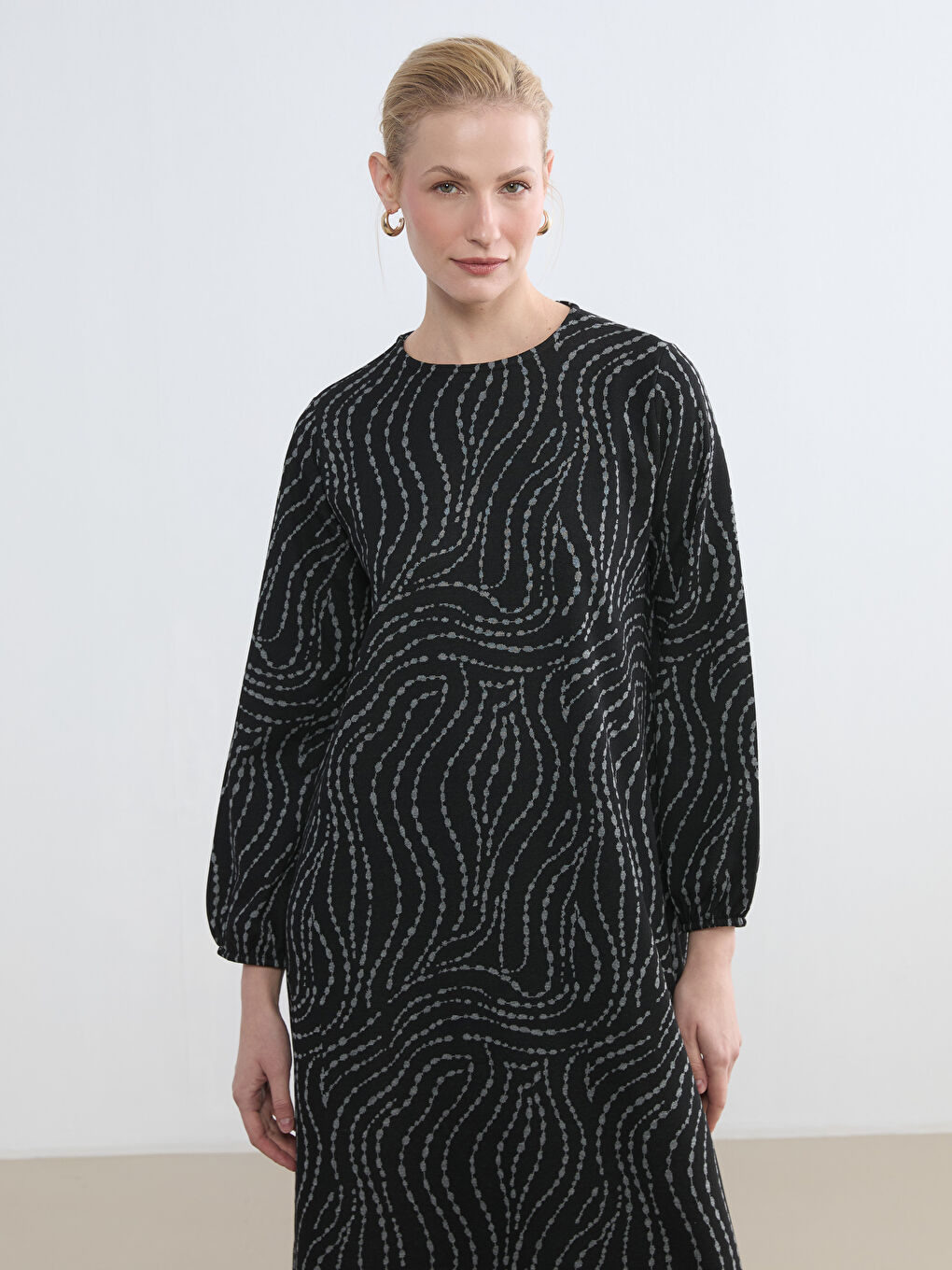 Gri Bisiklet Yaka Desenli Elbise-2