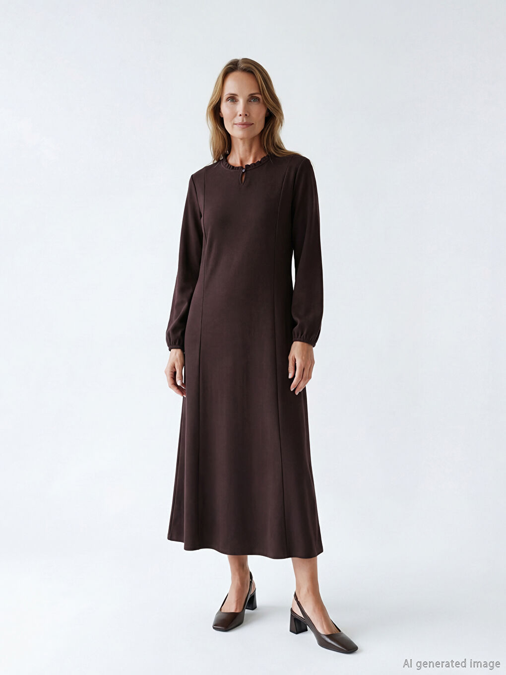 Ruffled dress with a crew neck.