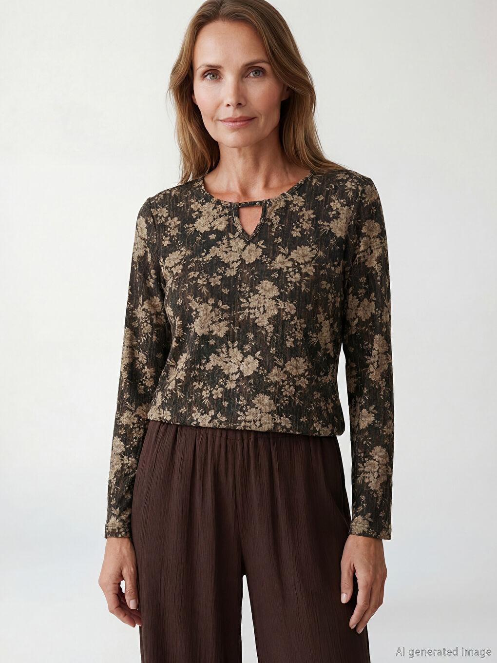 Siyah Bisiklet Yaka Çiçekli Bluz