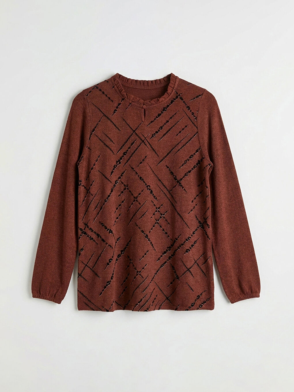 Kahverengi Bisiklet Yaka Desenli Bluz	