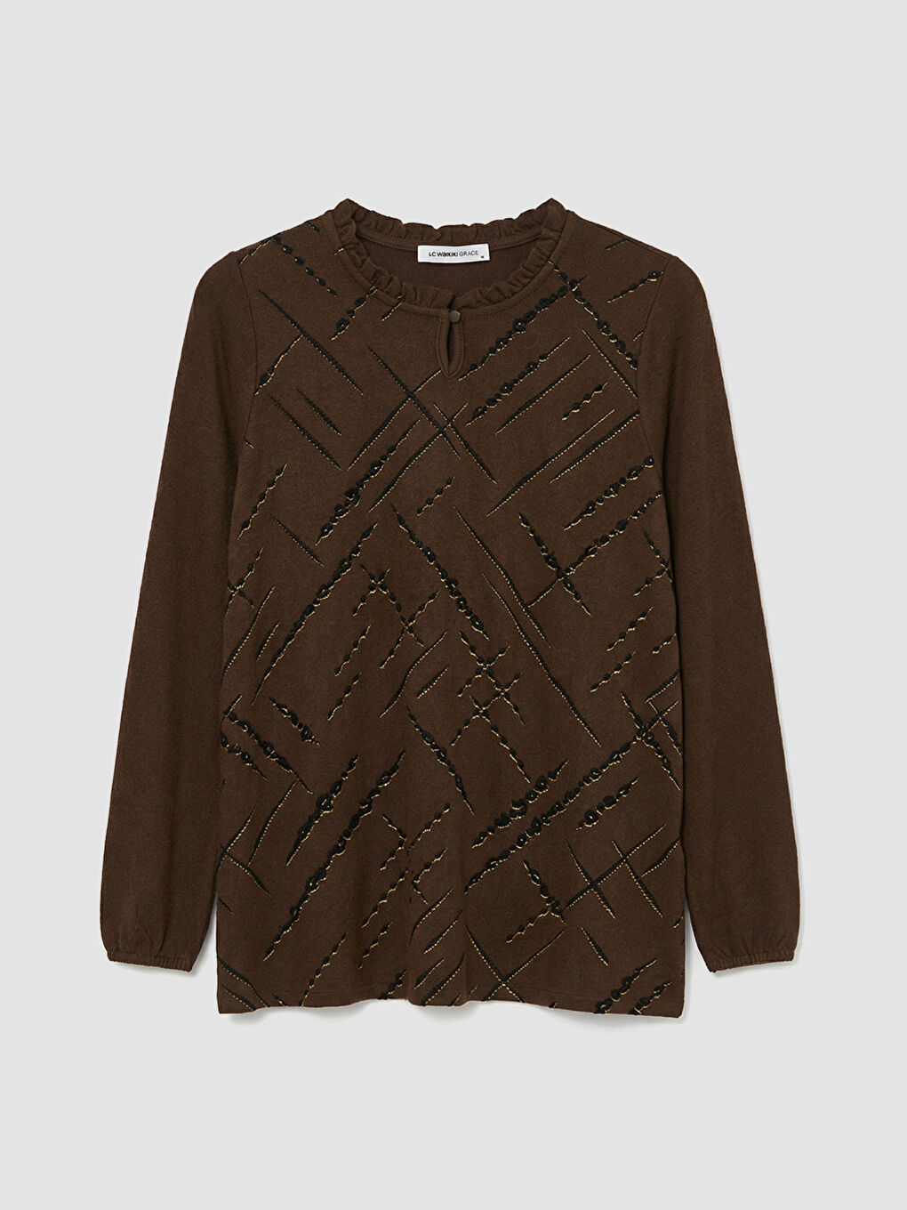 Kahverengi Bisiklet Yaka Desenli Bluz