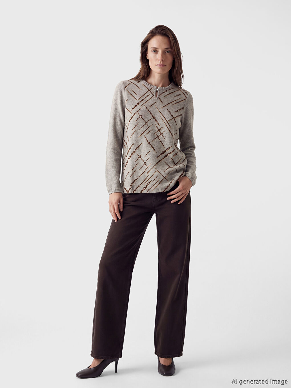 Bej Bisiklet Yaka Desenli Bluz	-1