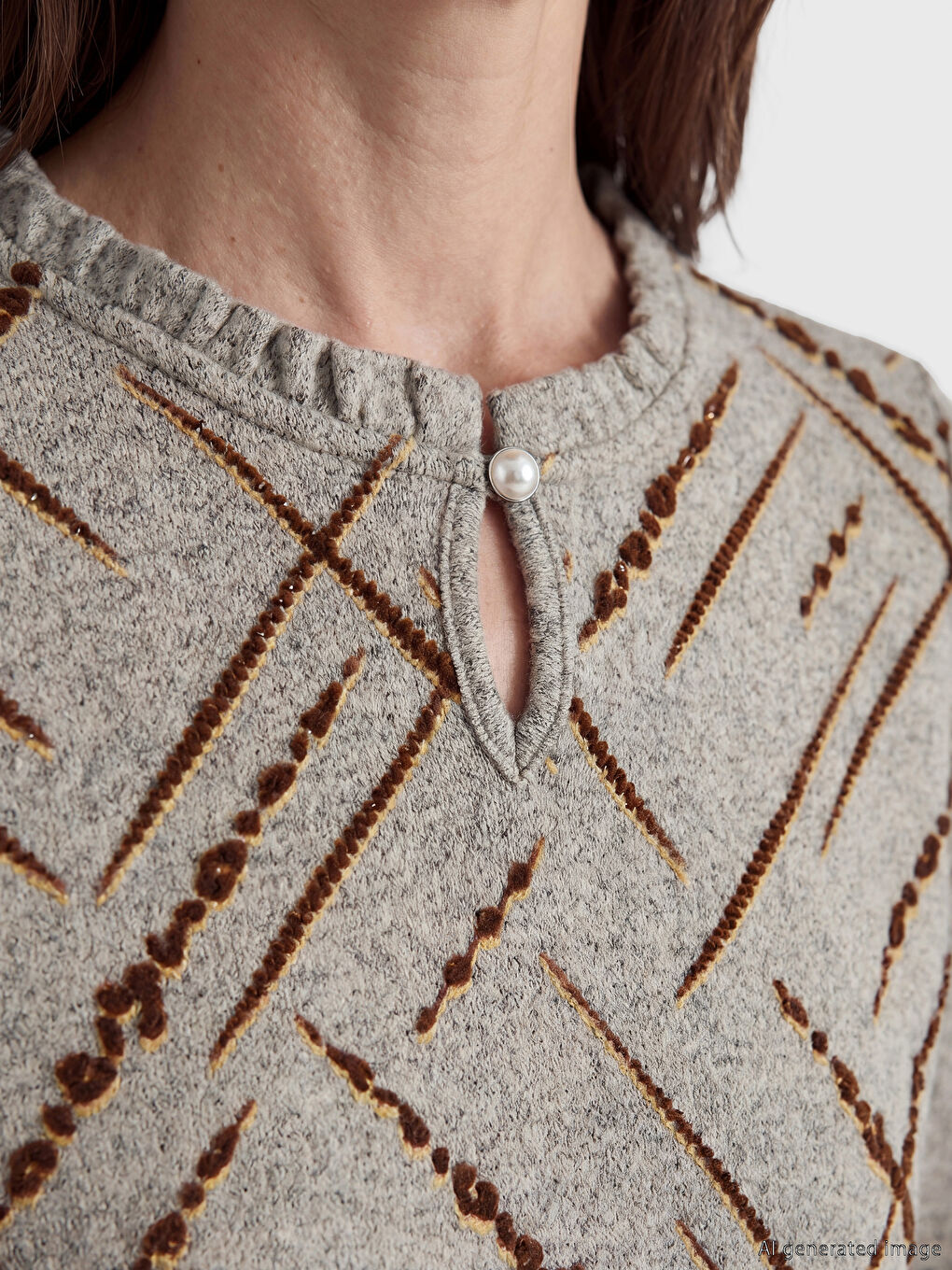 Bej Bisiklet Yaka Desenli Bluz	-2