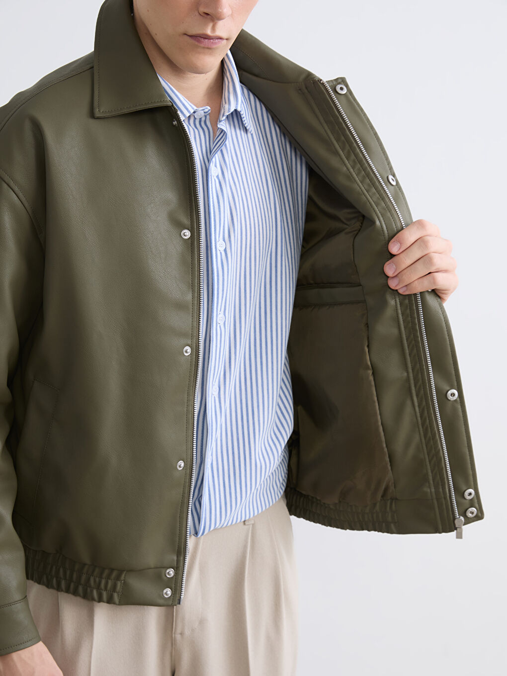 Kahverengi Standart Kalıp Deri Görünümlü Erkek Mont-3