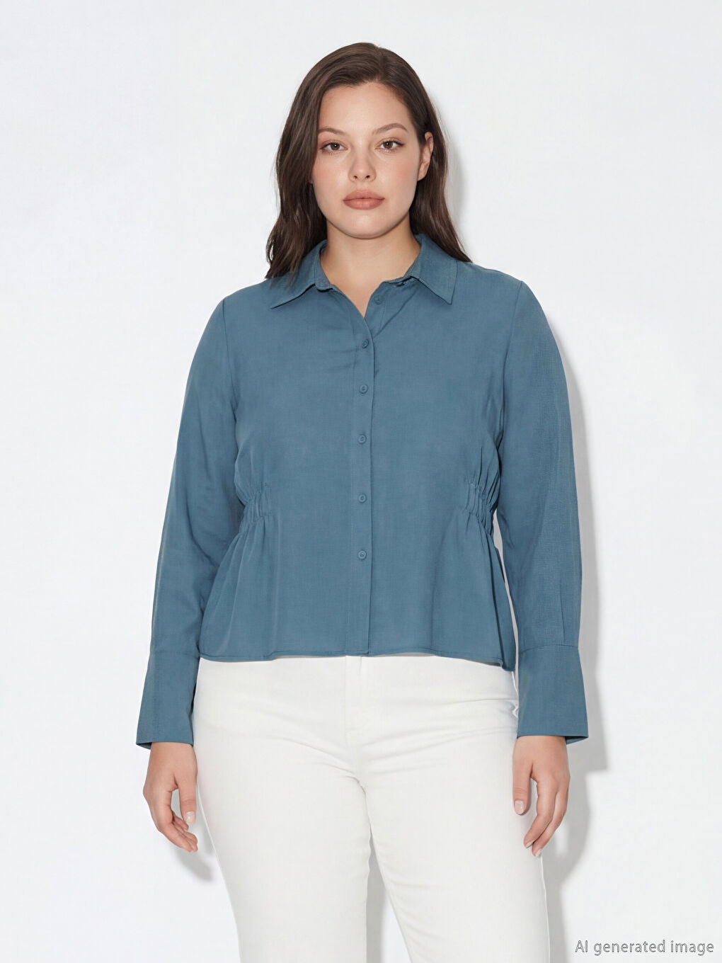 Petrol Beli Büzgülü Kadın Gömlek-1