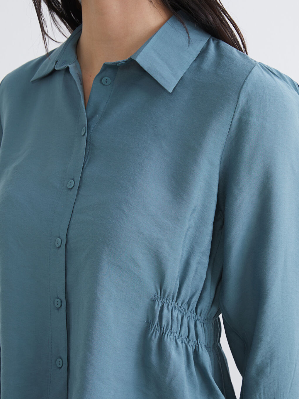 Petrol Beli Büzgülü Kadın Gömlek-2