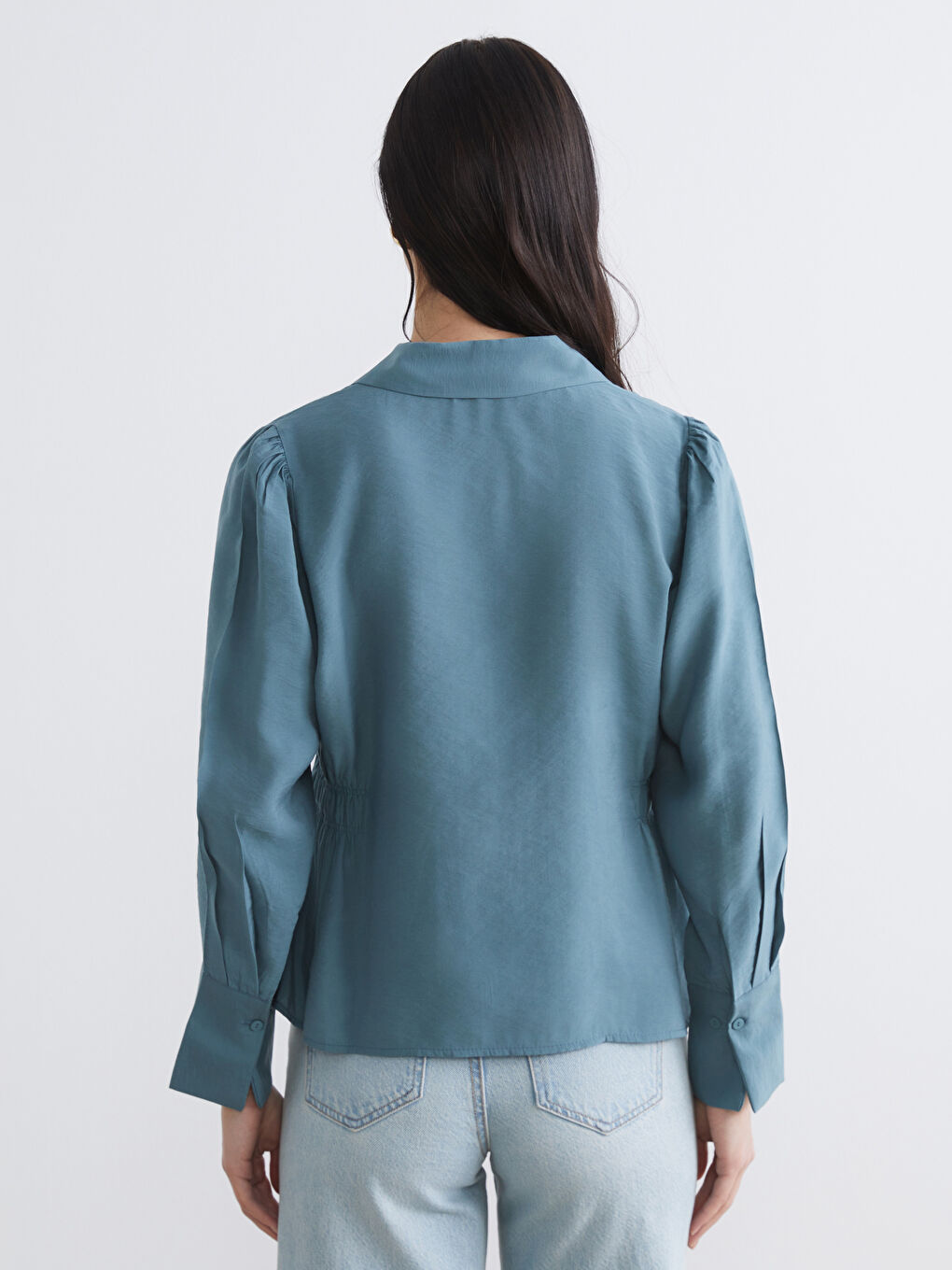 Petrol Beli Büzgülü Kadın Gömlek-3