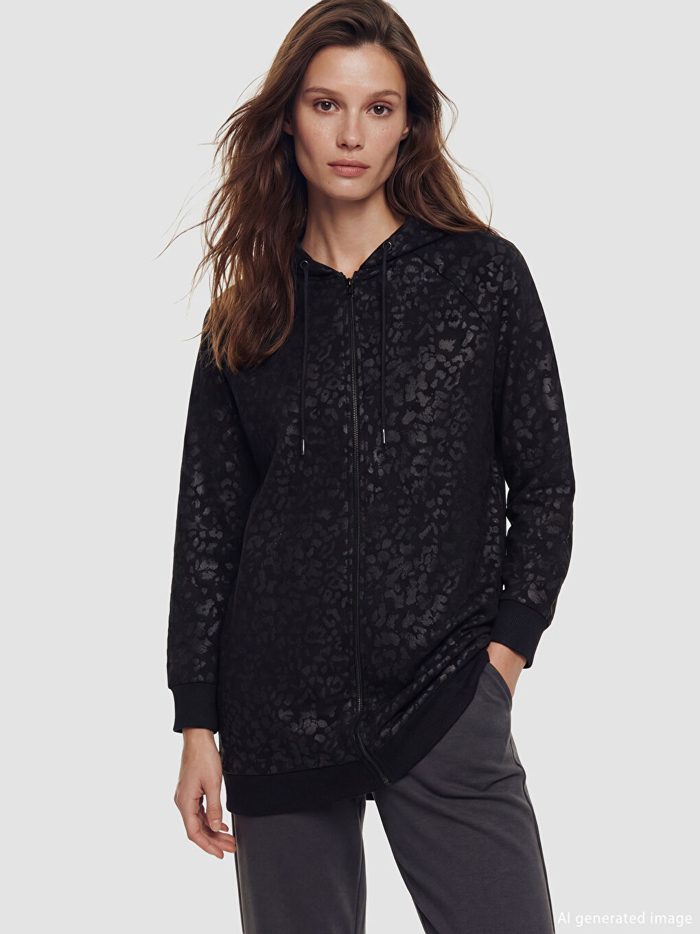 Siyah Kapüşonlu Desenli Kadın Fermuarlı Sweatshirt