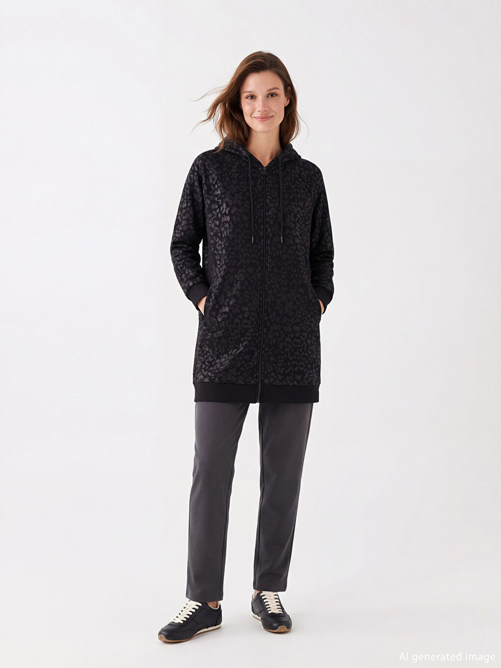 Siyah Kapüşonlu Desenli Kadın Fermuarlı Sweatshirt-1