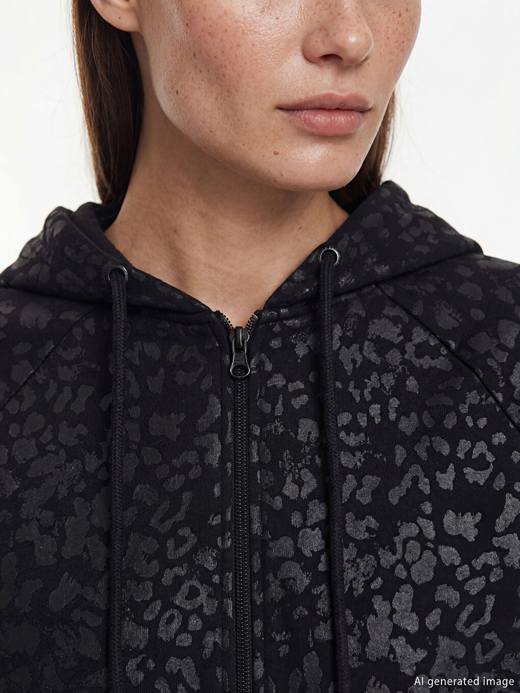 Siyah Kapüşonlu Desenli Kadın Fermuarlı Sweatshirt-2