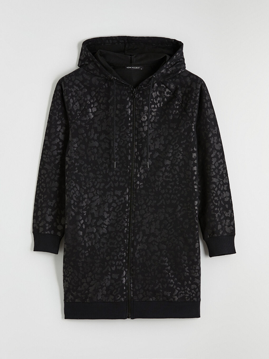 Siyah Kapüşonlu Desenli Kadın Fermuarlı Sweatshirt