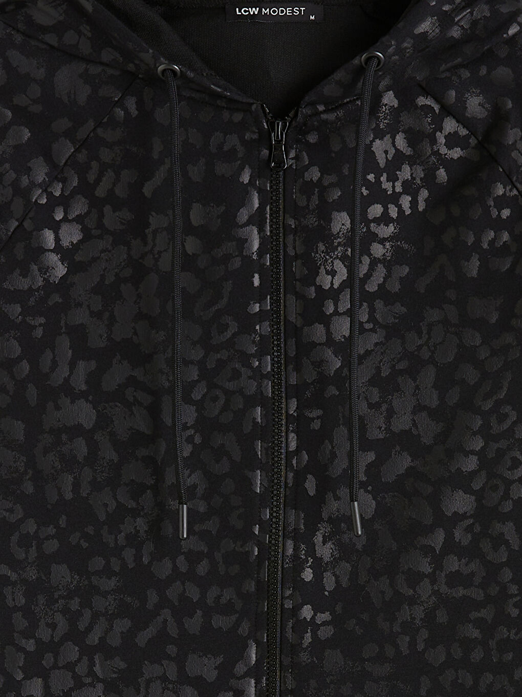 Siyah Kapüşonlu Desenli Kadın Fermuarlı Sweatshirt-1