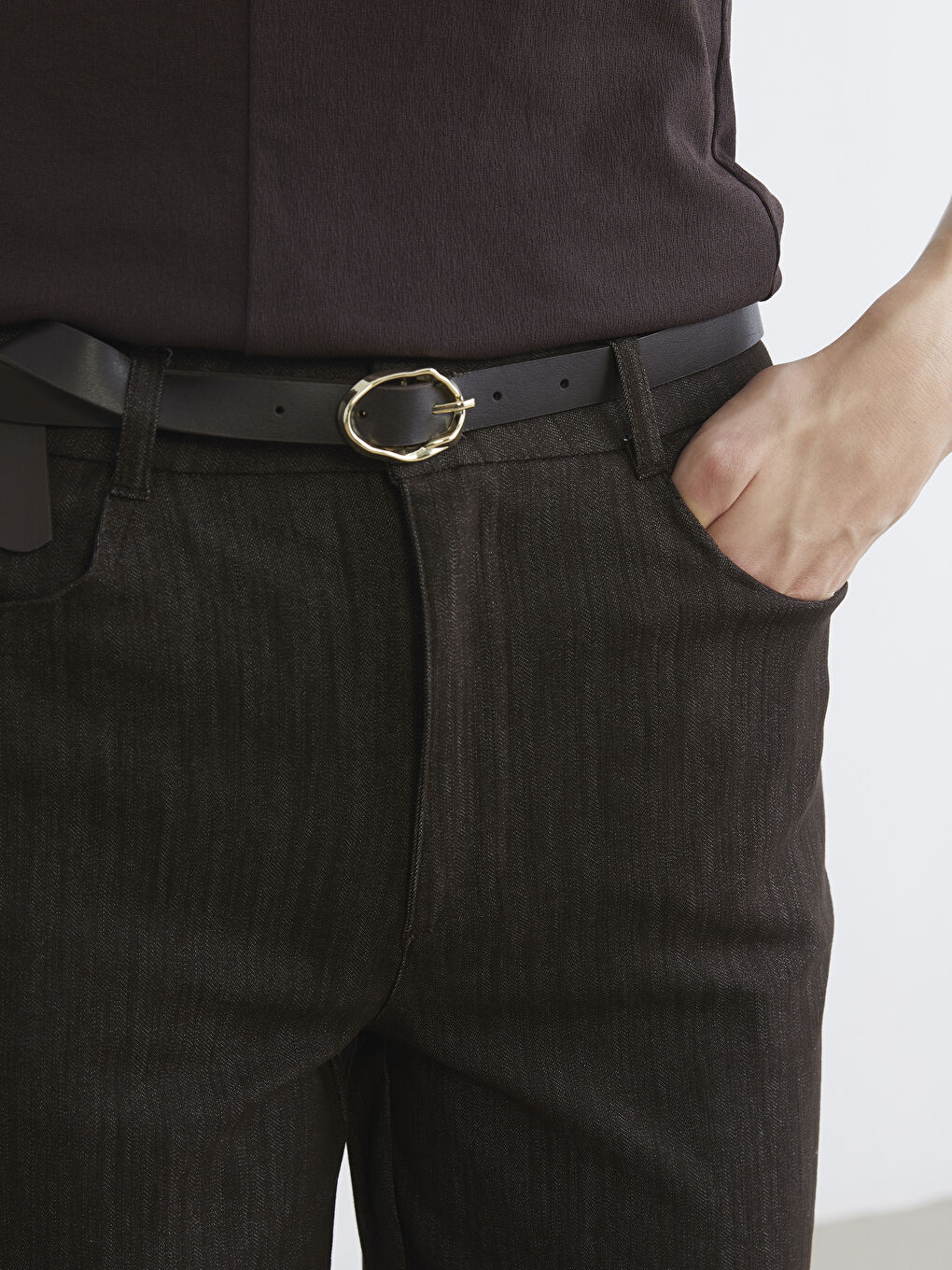 Kahverengi Beli Kemerli İspanyol Paça Kadın Pantolon-2