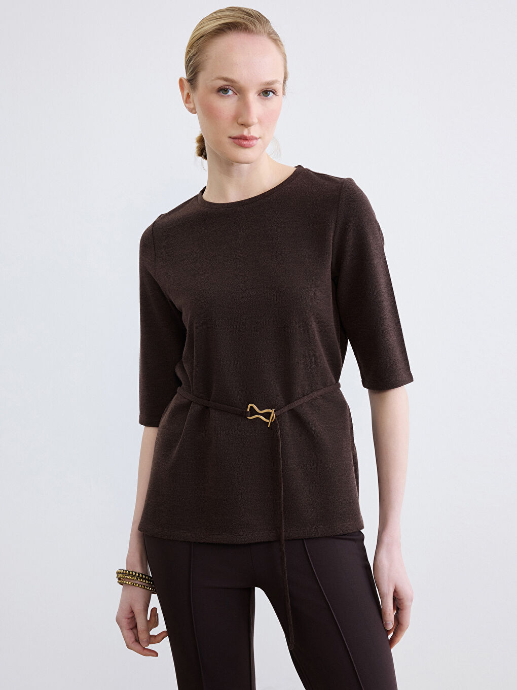 Crew Neck Sash Waist Blouse